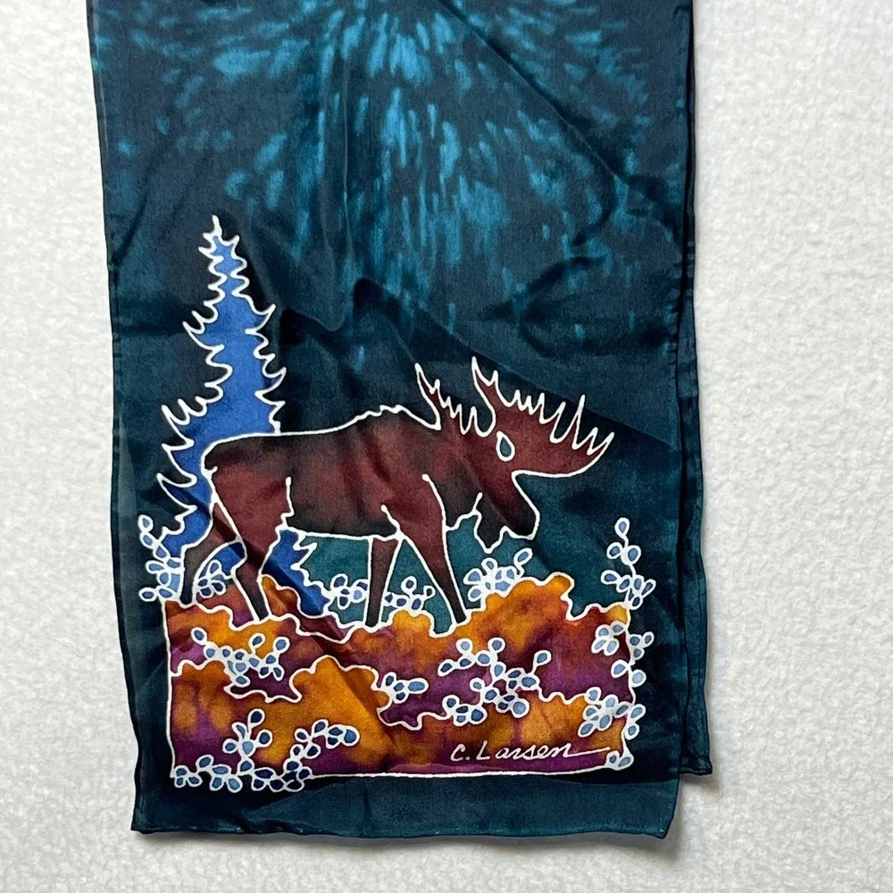 C. Larsen Women Scarf Hand Painted Silk Moose Nature Teal Blue Artisan Wrap 51x8